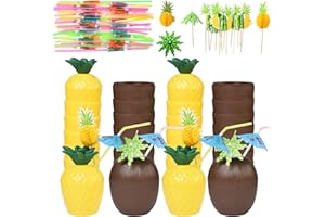 Haundry 12 Coconut Pineapple Cups with 12 Straws, 12 Cocktail Drink Picks, Hawaiian Luau Tiki and Beach Theme Party Decorations for Kids and Adults