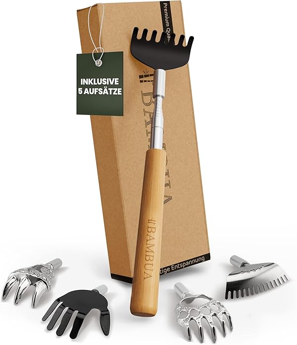 BAMBUA Rückenkratzer Ausziehbar - [Inklusive 5 Aufsätze] Bambus-Griff - Für Wohltuende Kratzgefühle - Mühelos jede Stelle erreichen - Premium Edelstahl Rückenkratzer Set - Ideal als Geschenk