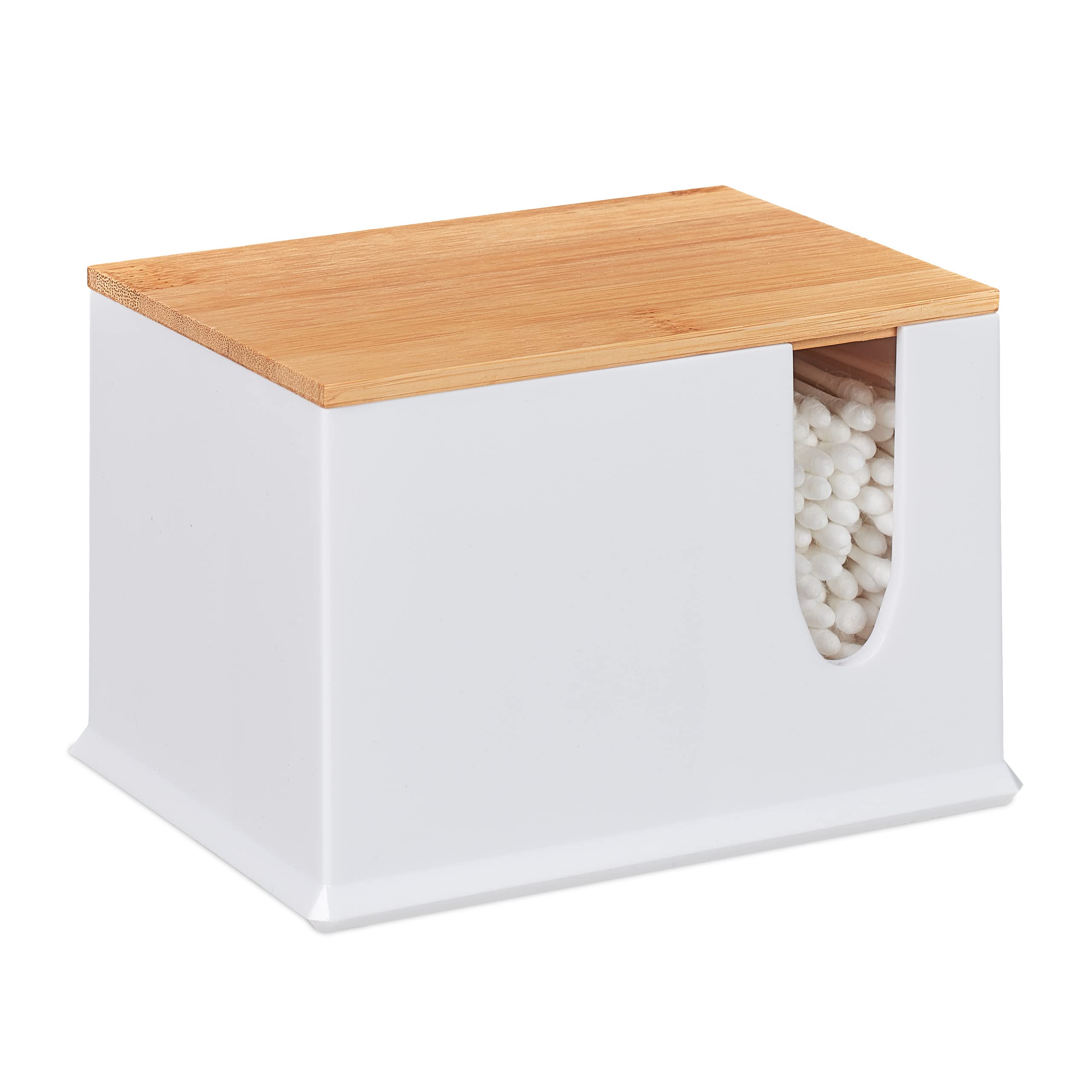 Relaxdays Cotton Swab Storage Box, Acrylic Lidded Organiser, Stick Bathroom Dispenser, Size L, White/Brown