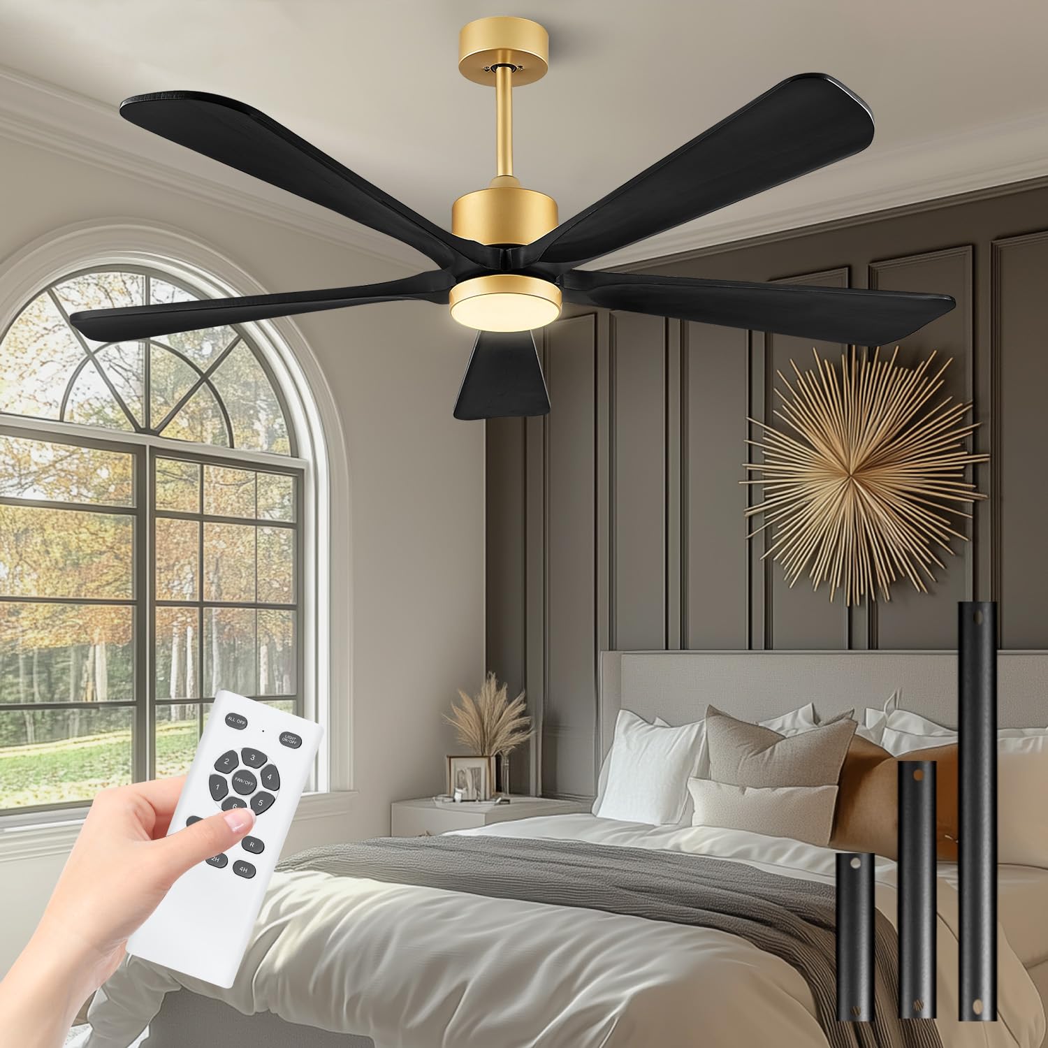 Photo 1 of ***UNTESTED/ UNKNOWN DAMAGES OR MISSING PIECES*** BOOSANT Ceiling Fan with Lights, 52 Inch, DC Motor, 6 Speeds, Remote Control, 5 Reversible Solid Wood Blades, Black, Modern Design, Indoor-Outdoor, QF-8727
