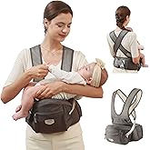 Sunveno Ergonomic Hip Seat Baby Carrier with Detachable Double Shoulder Straps, Waist & Back Relief, Breathable Mesh, Non-Slip Seat + Storage Pockets, Fits Infants & Toddlers 0-36 M up to 45 lbs