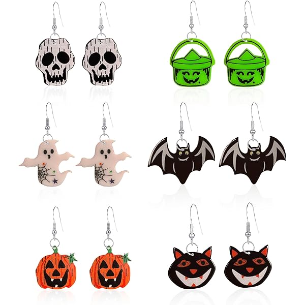 Halloween Earring Set - 6 Styles Of Women's Spooky Dangle Earrings Bat Spider Skull Ghost Pumpkin Flame Designs Asymmetrical Acrylic Gothic Costume