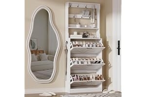 EOYUTLLY Shoe Cabinet Storage for Entryway, Narrow Shoe Rack Cabinet with 3 Flip Drawers & Coat Rack, Hidden Shoe Storage Cabinet, 2-in-1 Hall Tree Slim Freestanding Shoe Rack Organizer, White