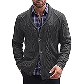 COOFANDY Mens Shawl Collar Cardigan Sweater Slim Fit Button Down Cable Knitted Sweater with Pockets
