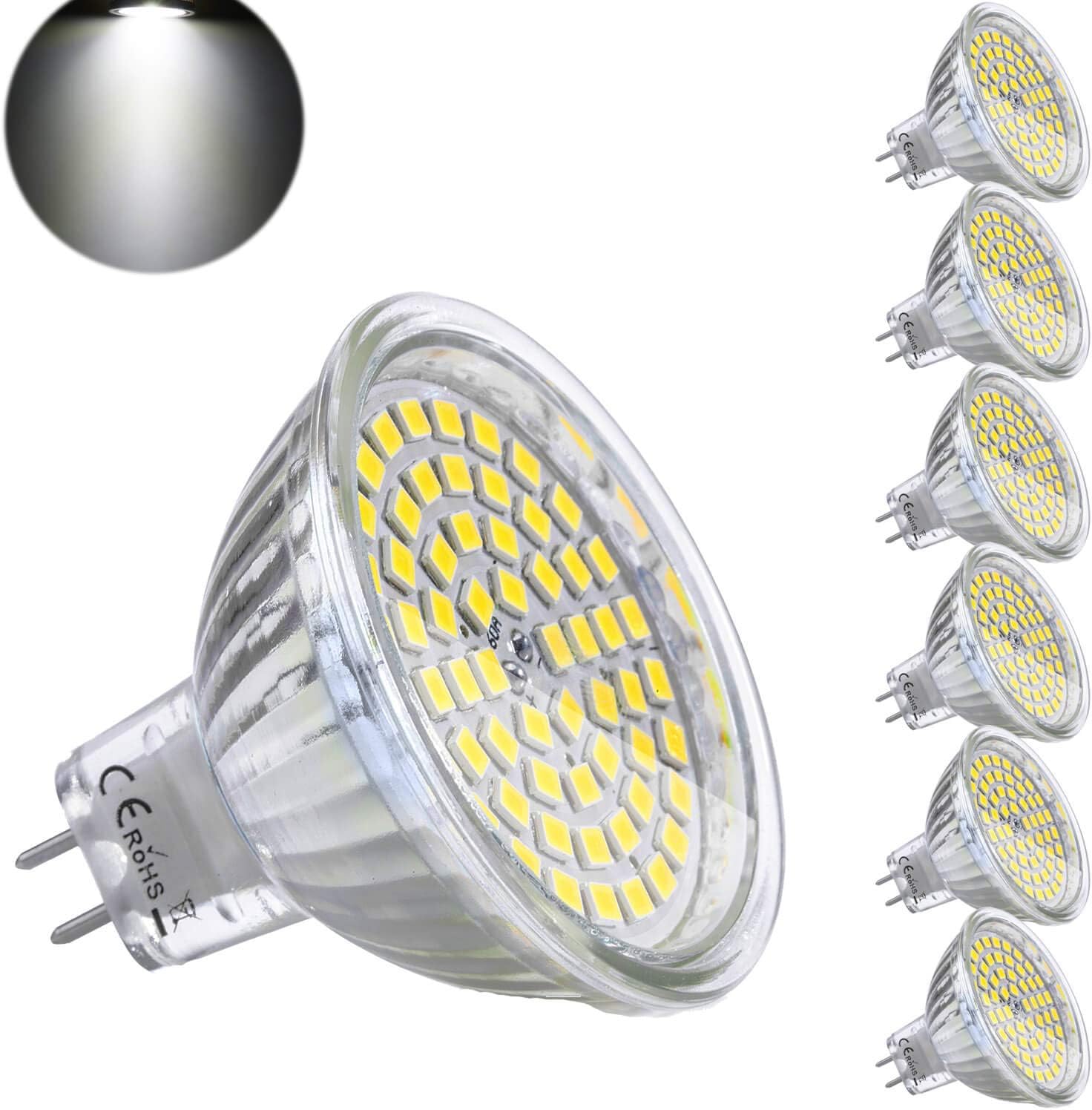 Yafido 6er GU5.3 LED Kaltweiß MR16 12V 5W Ersatz für 35W Halogen Lampen GU5.3 6000K 450 Lumen