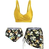 DRESSFO Women's High Waisted Bikini Sets with Cover Up Skirt 3 Piece Gothic Skull Swimsuit Padded Tummy Control Bathing Suit