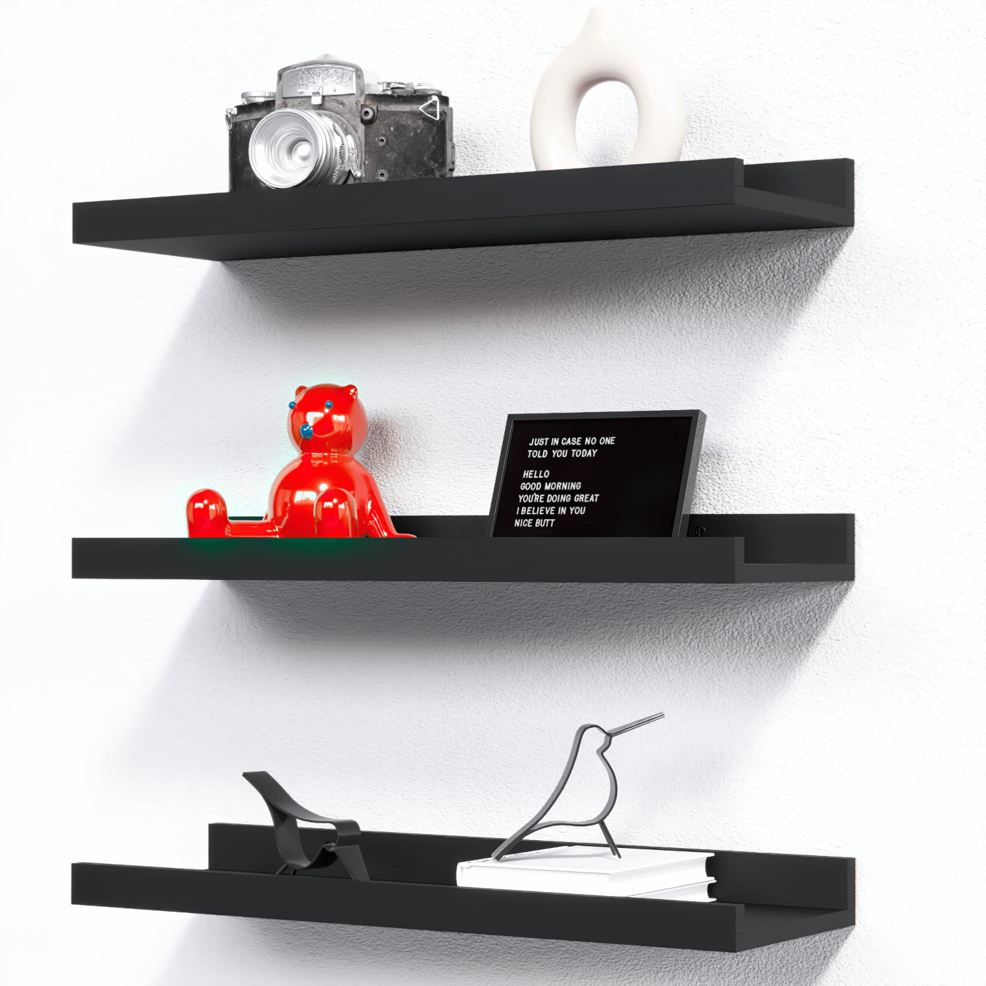 Photo 1 of RICHER HOUSE 3 Set Floating Shelves for Wall, Black Wall Mounted Shelves with Lip for Storage, Display Picture Ledge Shelf for Bedroom Bathroom Kitchen Living Room Decor, Modern Black