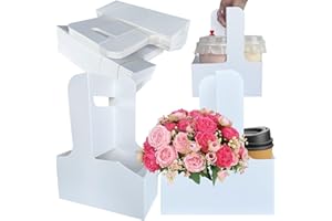LAIAMER 50 Pack 2 Cup Drink Carrier with Handle 2 or 4 Cup Kraft Paperboard Drink Cup Carrier for Delivery Coffee Beverage Cup Holder Floral Wrap Packing Box Birthday Wedding Graduation Party Gift Decor