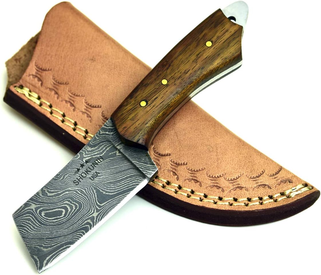 Shokunin USA Damascus Steel Knife Damascus Knife Damascus Hunting Knife Damascus Cleaver Damascus Neck Knife 6". Walnut Wood Handle