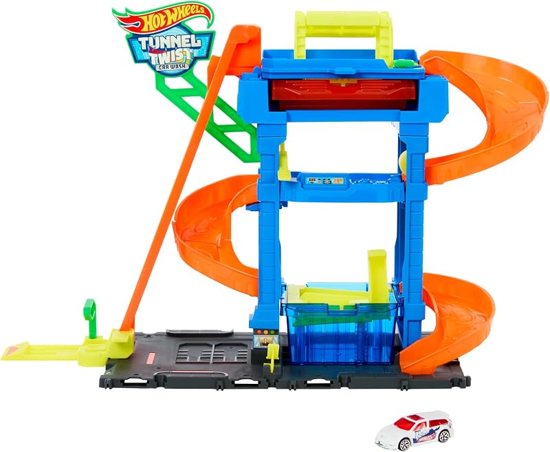 Hot wheels city “vamos correr - vamos correr!” netflix - spinning car wash track para carros de brinquedo, inclui 1 veículo color shifter, +4 anos (mattel htn80)