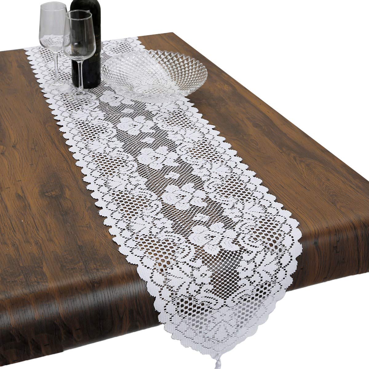 mookaitedecor 13x59 Inch White Lace Table Runner for Wedding Festival Party Christmas Table Centrepiece Living Room Desk Decor, Vintage Elegant Flower Dinner Table Runner with Tassels