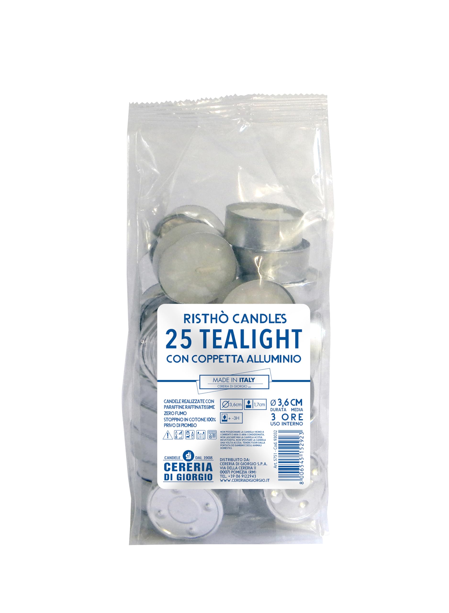 Cereria di Giorgio risthò Tealight with Cup, Wax, White, 3.6 x 3.6 x 1.7 cm