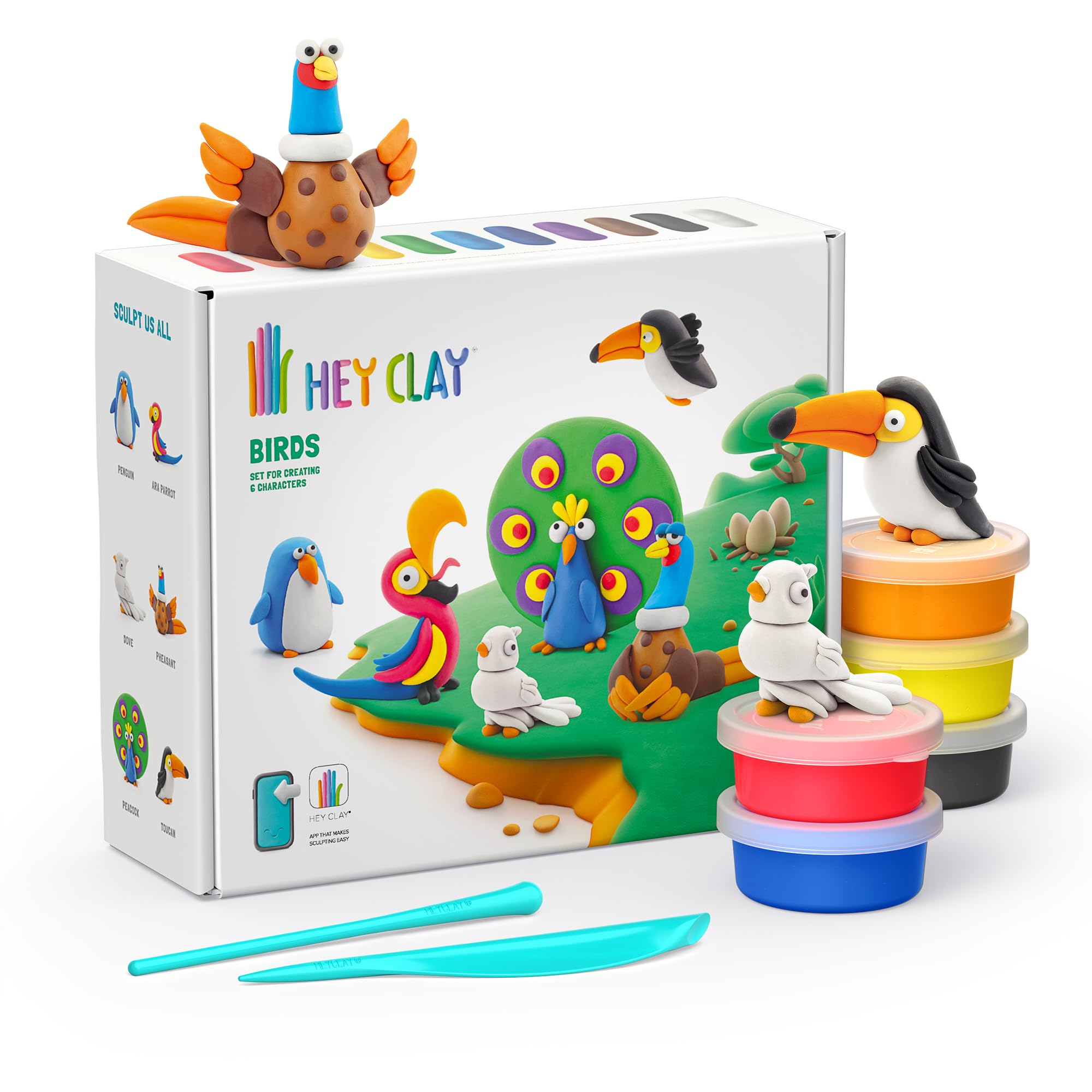 HEY CLAY Birds Set - Colourful Modeling Air Dry Clay Kit for Kids 15 cans and sculpting tools with Fun Interactive Instructions App