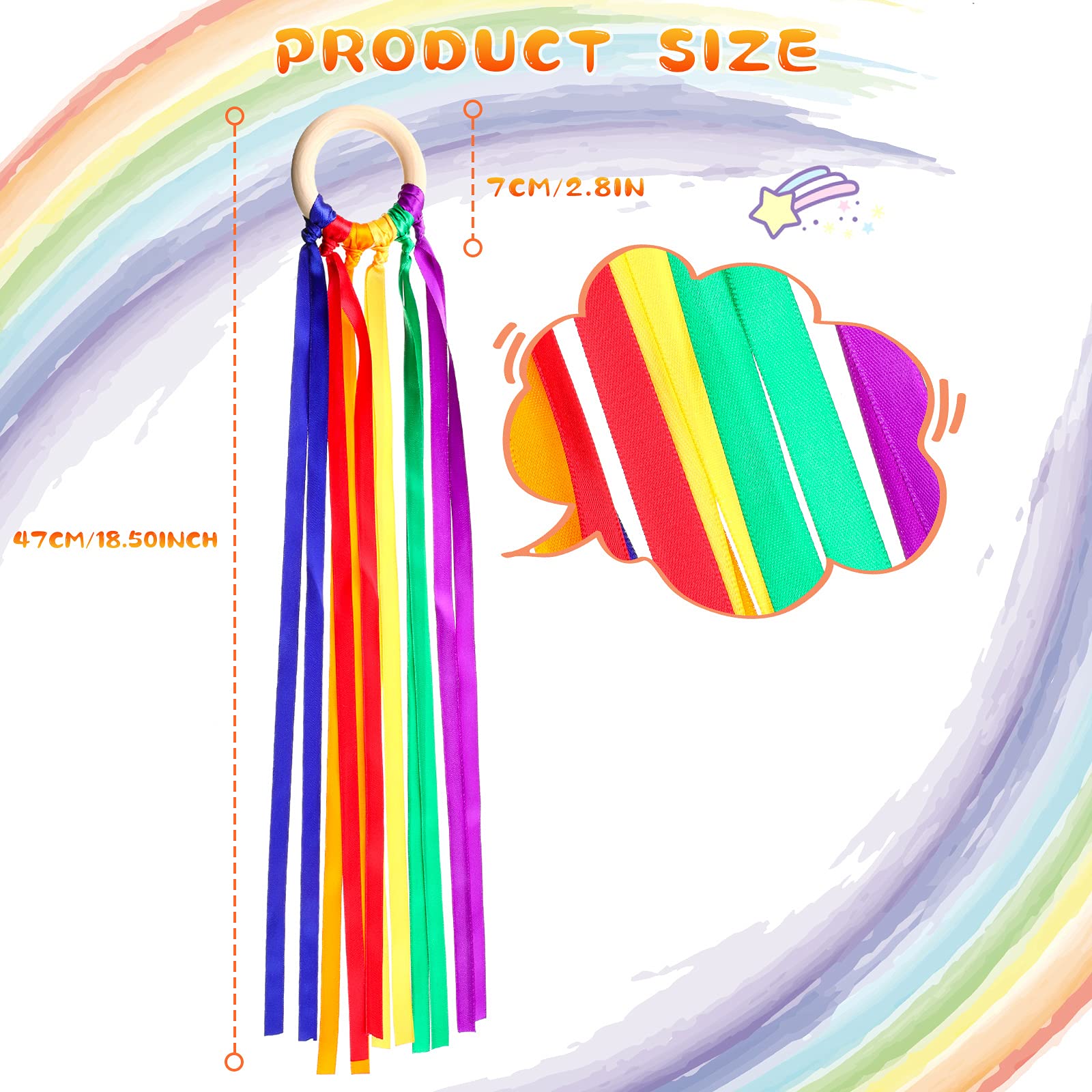 Sumind 6 Pcs Rainbow Ribbon Hand Kites Wands for Kids Dancer Streamer String Toy Thrown Waldorf Wand with Wooden Ring Wand Learning Educational(Bright Colors)