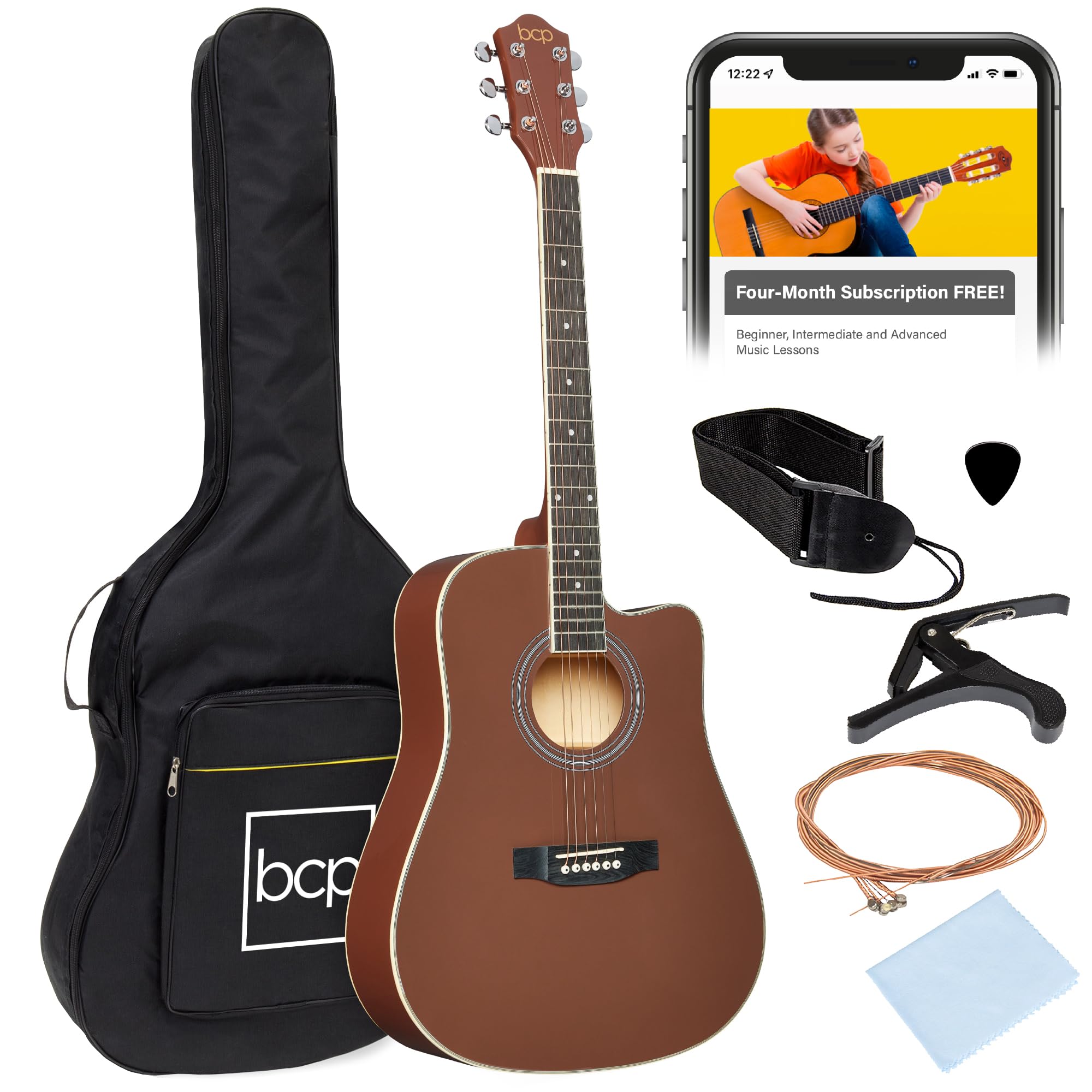 Best Choice Products 41in Beginner Acoustic Guitar Full Size All Wood Cutaway Guitar Starter Set w/Case, Strap, Capo, Strings, Picks - Dark Brown Image