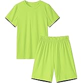 Somaibo Boys Athletic Short Sets 2 Piece T-Shirt and Shorts for Kids Loose Mesh Outfit Sets
