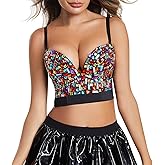 Charmian Women's Spaghetti Straps Rhinestone Beaded Clubwear Bustier Crop Top Bra