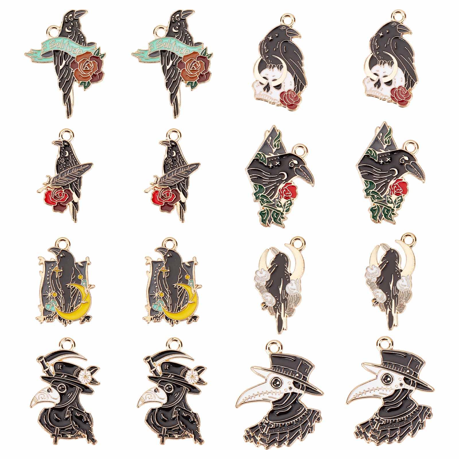 SUNNYCLUE 1 Box 32Pcs Gothic Charms Crow Charm Raven Black Bird Moon Rose Beak Skull Animal Halloween Enamel Alloy Gothic for jewellery Making Necklace Bracelets Adult DIY Supplies