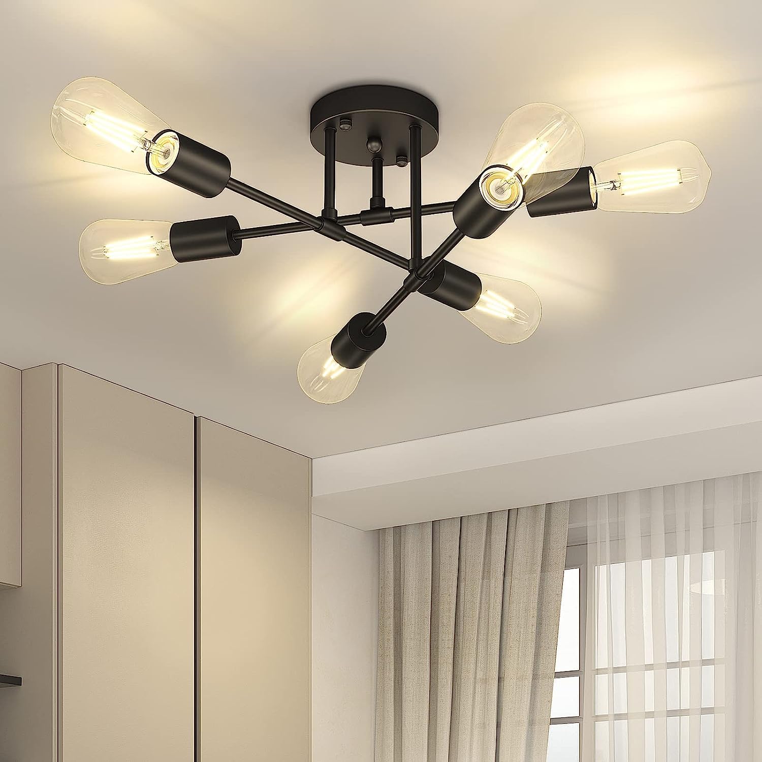 Gbood Modern Semi Flush Mount Ceiling Light, 6-Lights Black Sputnik Chandelier for Bedroom Lighting, Industrial Kitchen Light Fixture Ceiling Mount for Dining Room Hallway Living Room
