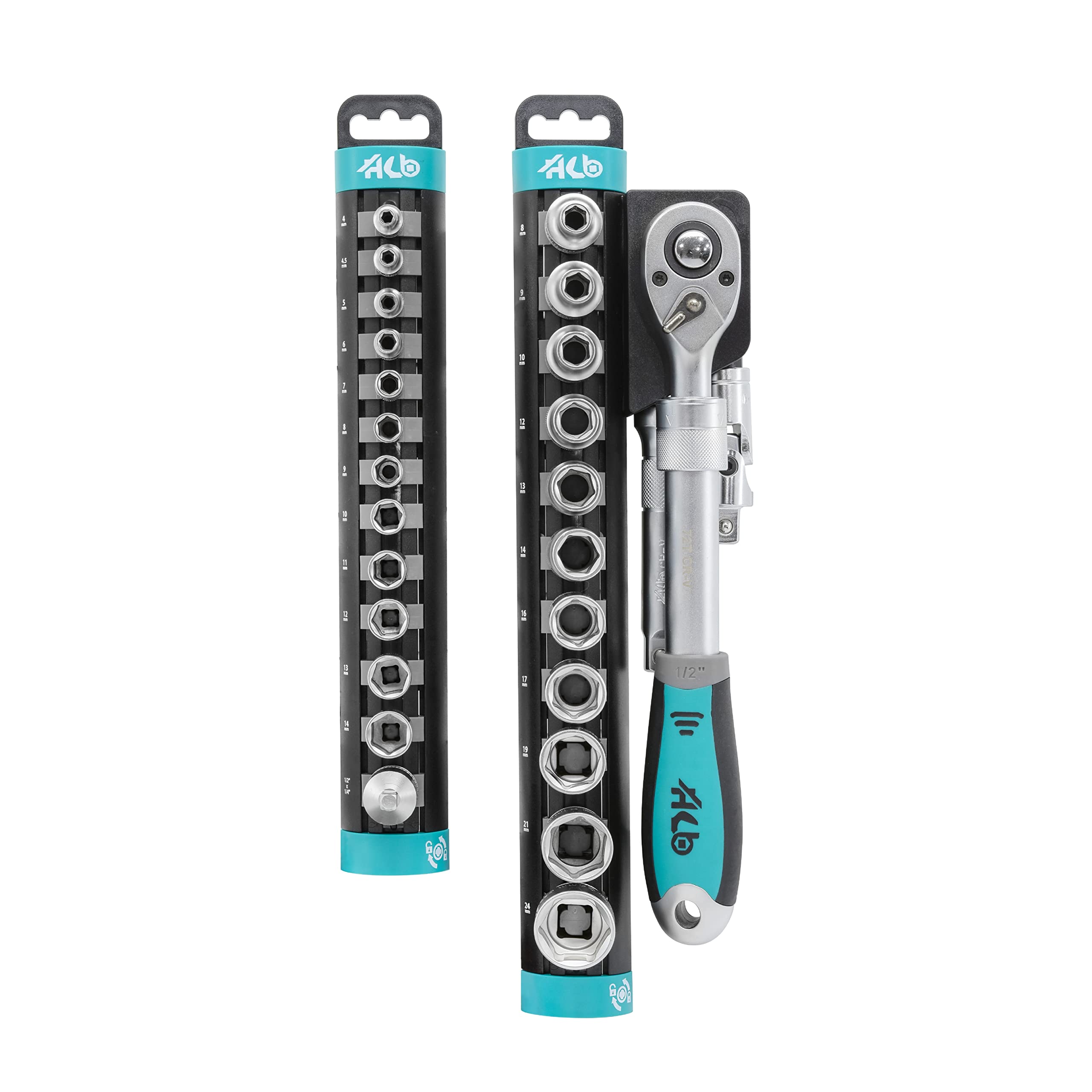 HB 72-Tooth Extendable Ratchet Handle 27 Piece Socket Set 1/4 & 1/2 Inch Drive Professional Mechanic Tool Kit Chrome Vanadium Steel Portable Storage Racks Made in Taiwan AKM005-G