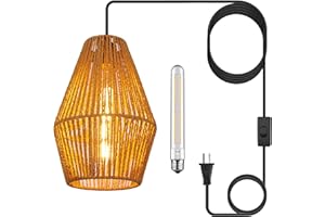 Leabet Handwoven Plug in Pendant Light (Includes Bulb) Hanging Lights with Plug in Cord Rattan Hanging Lamp Wicker Woven Basket Lampshade,Ceiling Light Fixture for Living Room Kitchen Island