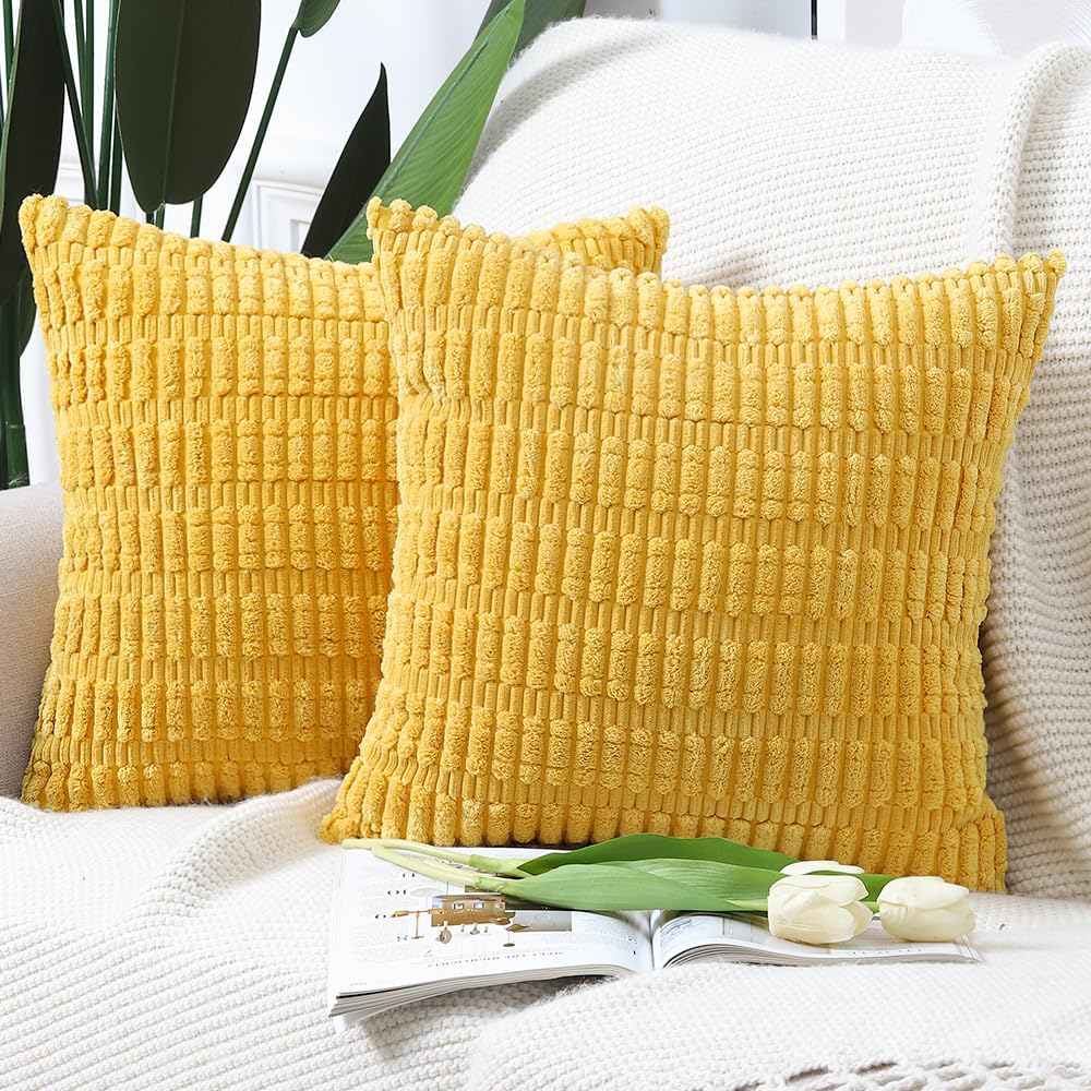 Madizz Pack of 2 Boho Striped Corduroy Throw Pillow Covers 24x24 inch, 60x60 cm, Yellow Soft Decorative Cushion Cover for Sofa Bedroom Pillow Shell — image 1