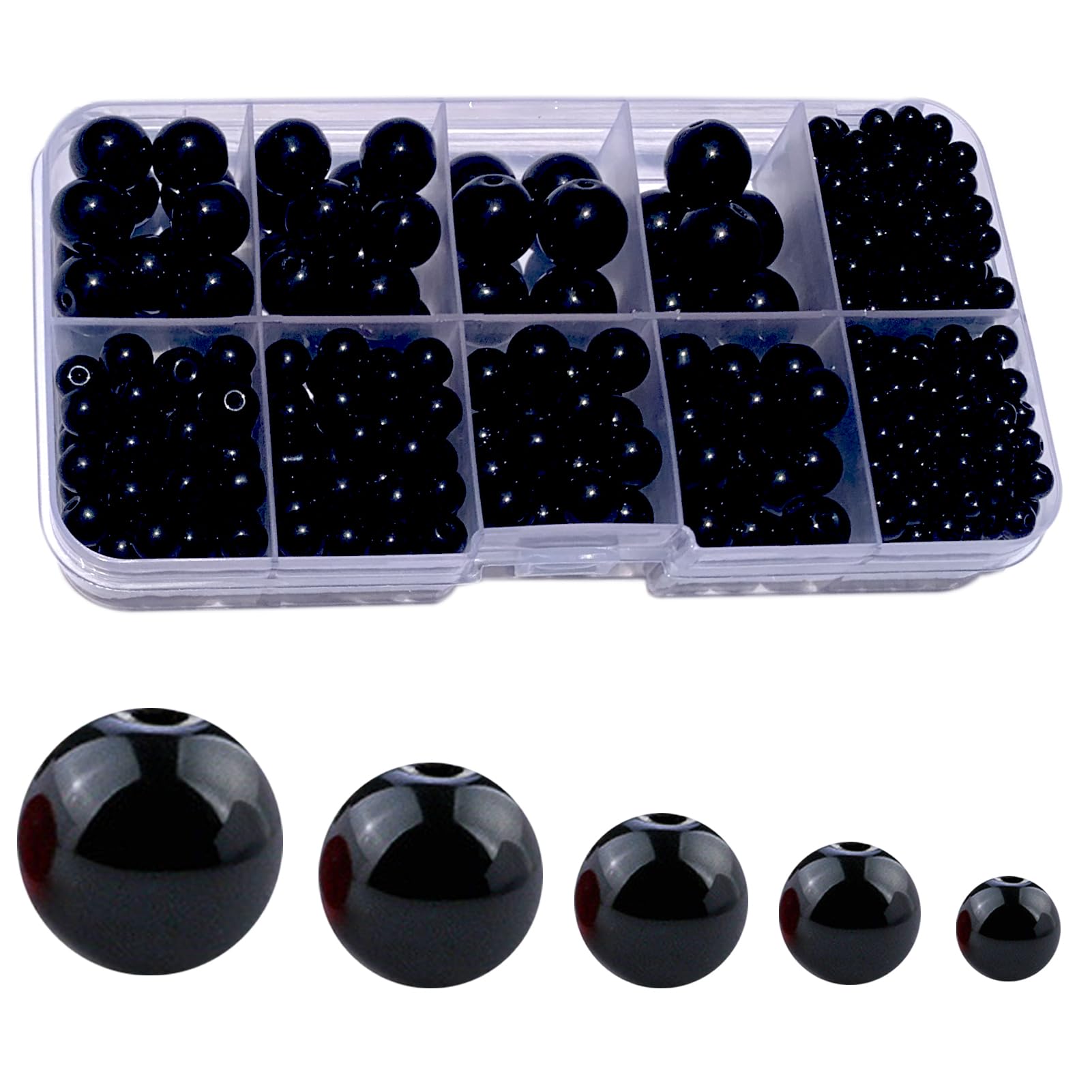 FAPUMOE 480pcs Black Round Crystal Glass Beads for Jewelry Making (4/6/8/10/12mm), Smooth and Round Glass Spacer Loose Beads for Crafts Bracelets Necklaces Charms