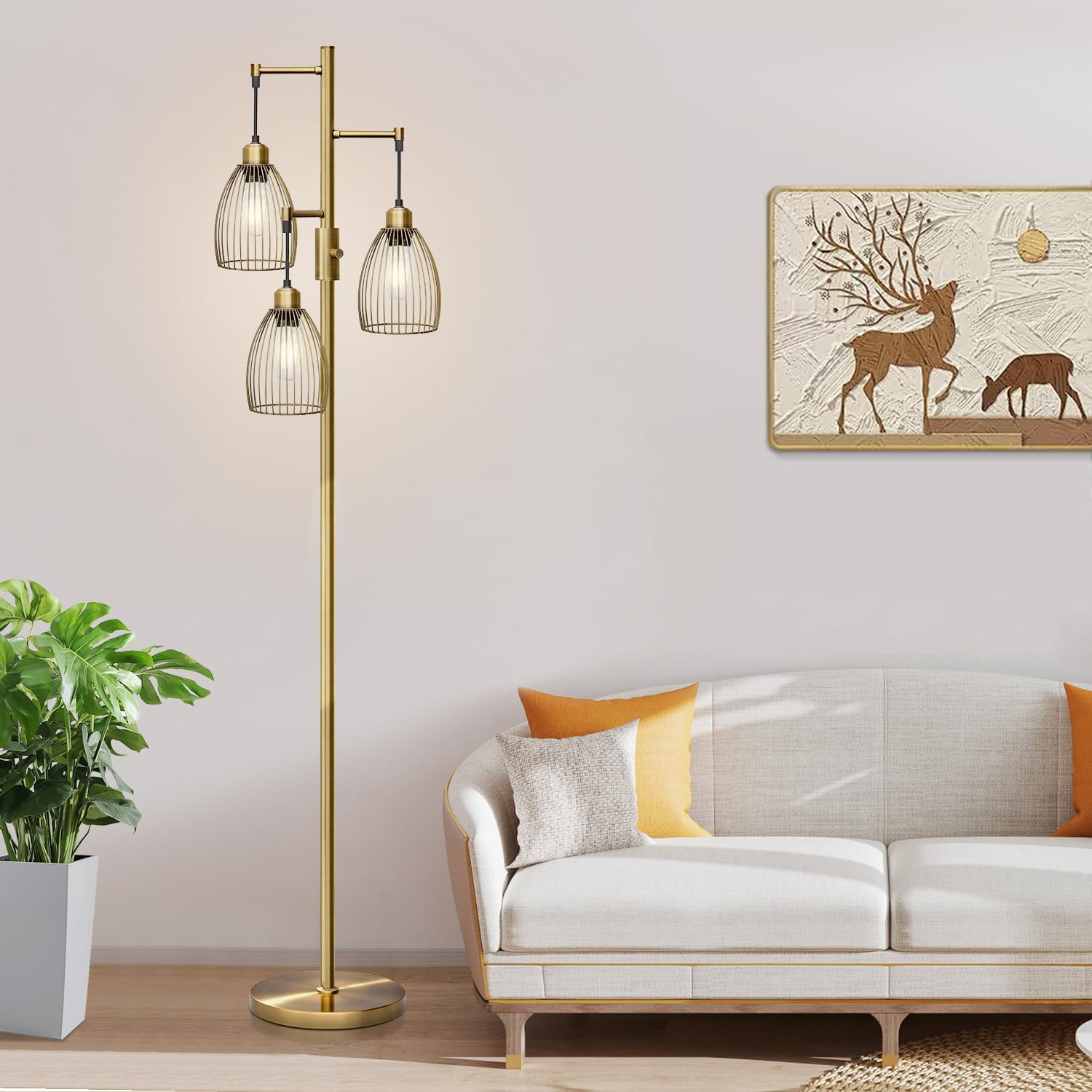 Photo 1 of Dimmable Floor Lamp, 3 x 800LM LED Edison Bulbs Included, Farmhouse Industrial Floor Lamp Standing Tree Lamp with Elegant Teardrop Cage Tall Lamps for Living Room Bedroom Office Dining Room-Brass