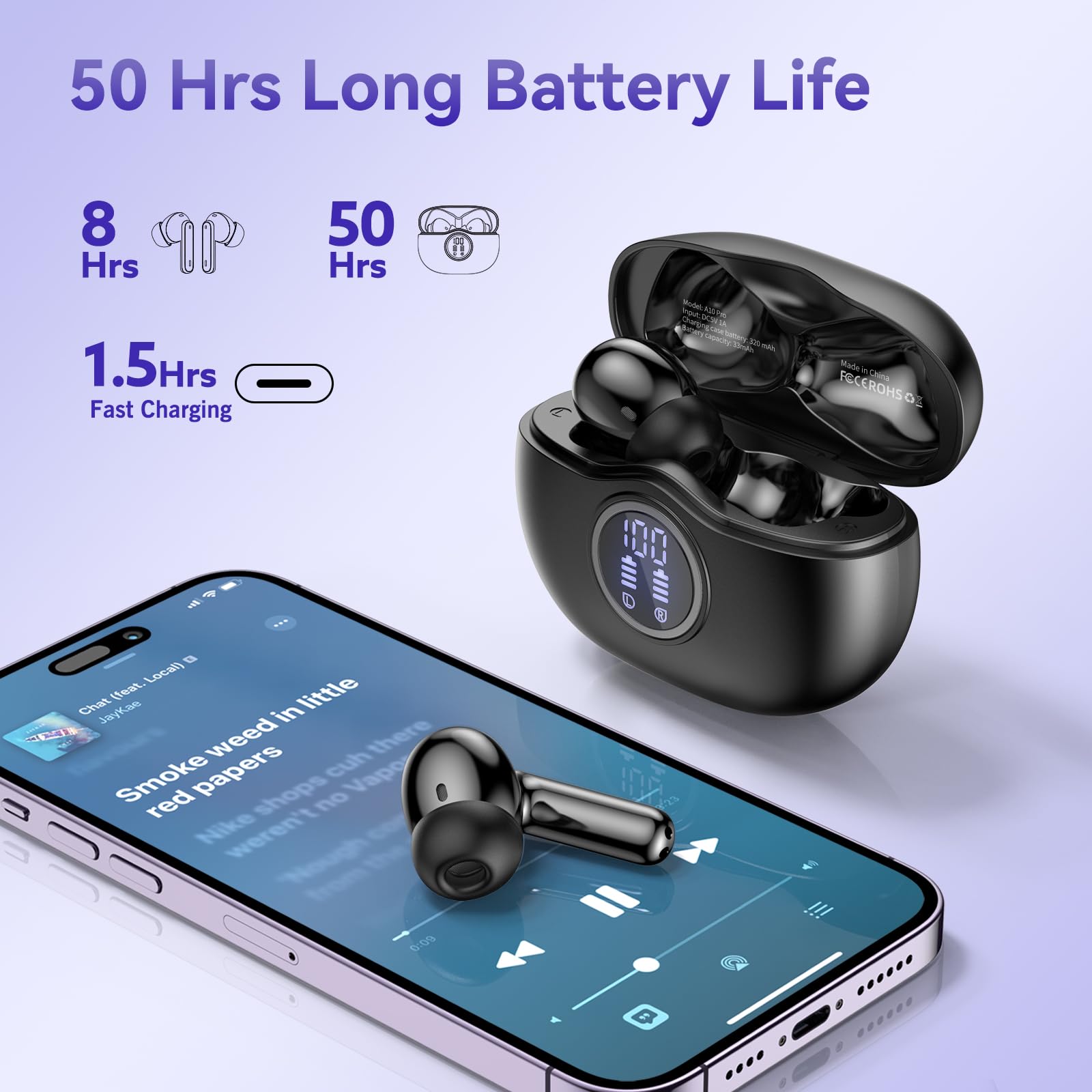 Wireless Earbuds, Bluetooth 5.3 Bass Stereo Headphones, 50 Hours of Playtime with Noise Cancelling Mic LED Display, 4 Microphones IPX7 Waterproof Earphones for Laptop Pad Phones, Black - Image 3