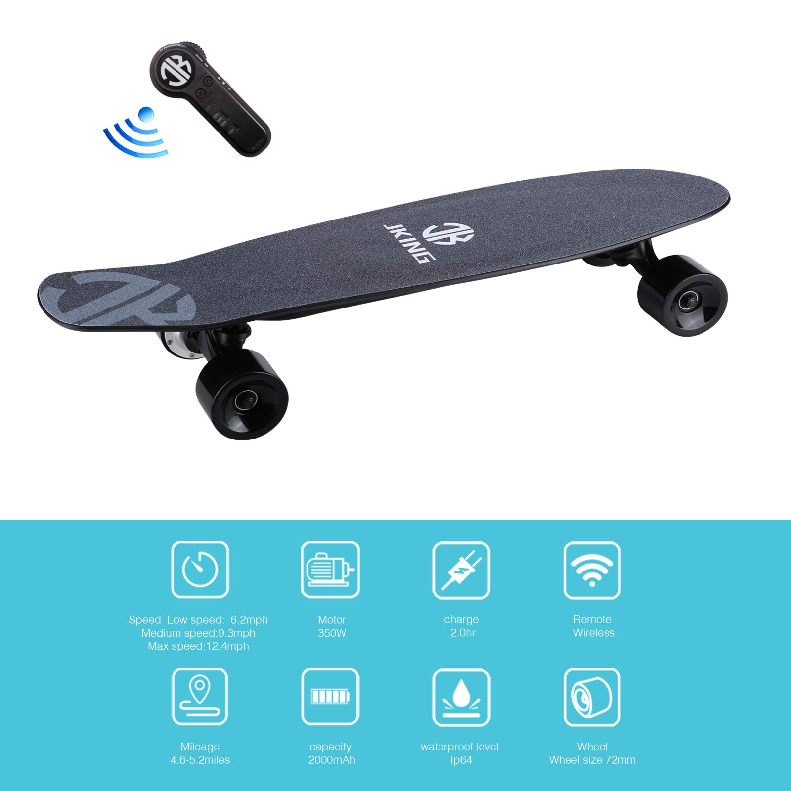Electric Skateboard Electric Longboard with Remote Control Electric Skateboard,350W Hub-Motor,12.4 MPH Top Speed,5.2 Miles Range,3 Speeds Adjustment, 6 Months Warranty