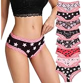 SYVIN Women 8-PACK Gothic Contrast Lace Trims Bikinis, Chic Low Rise Skull Flower Stars Print Comfortable Hipster Panties