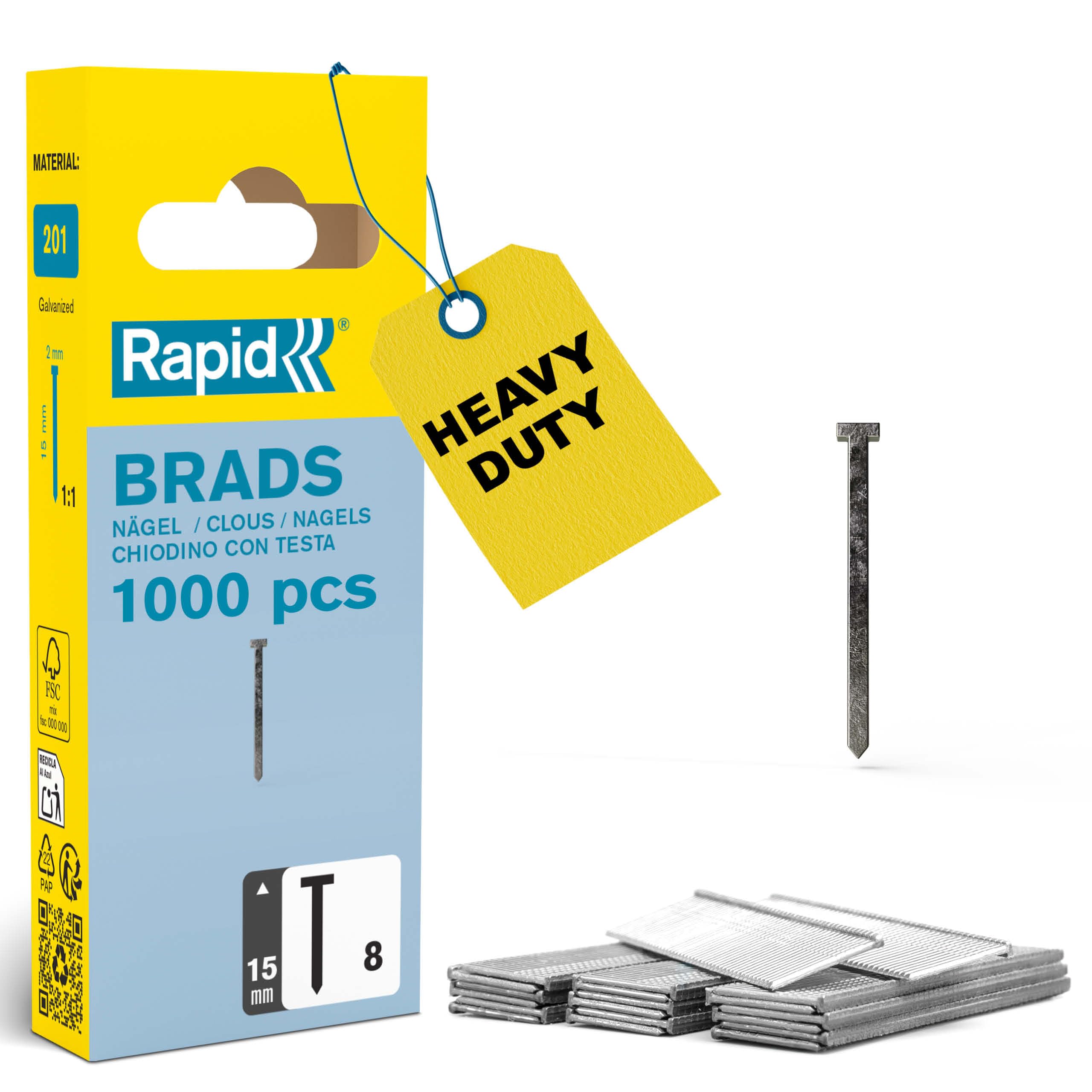 Rapid High Performance No.8 Galvanised Steel Brad Nails, Wire Length: 15 mm, 40109533 - 1000 Pieces