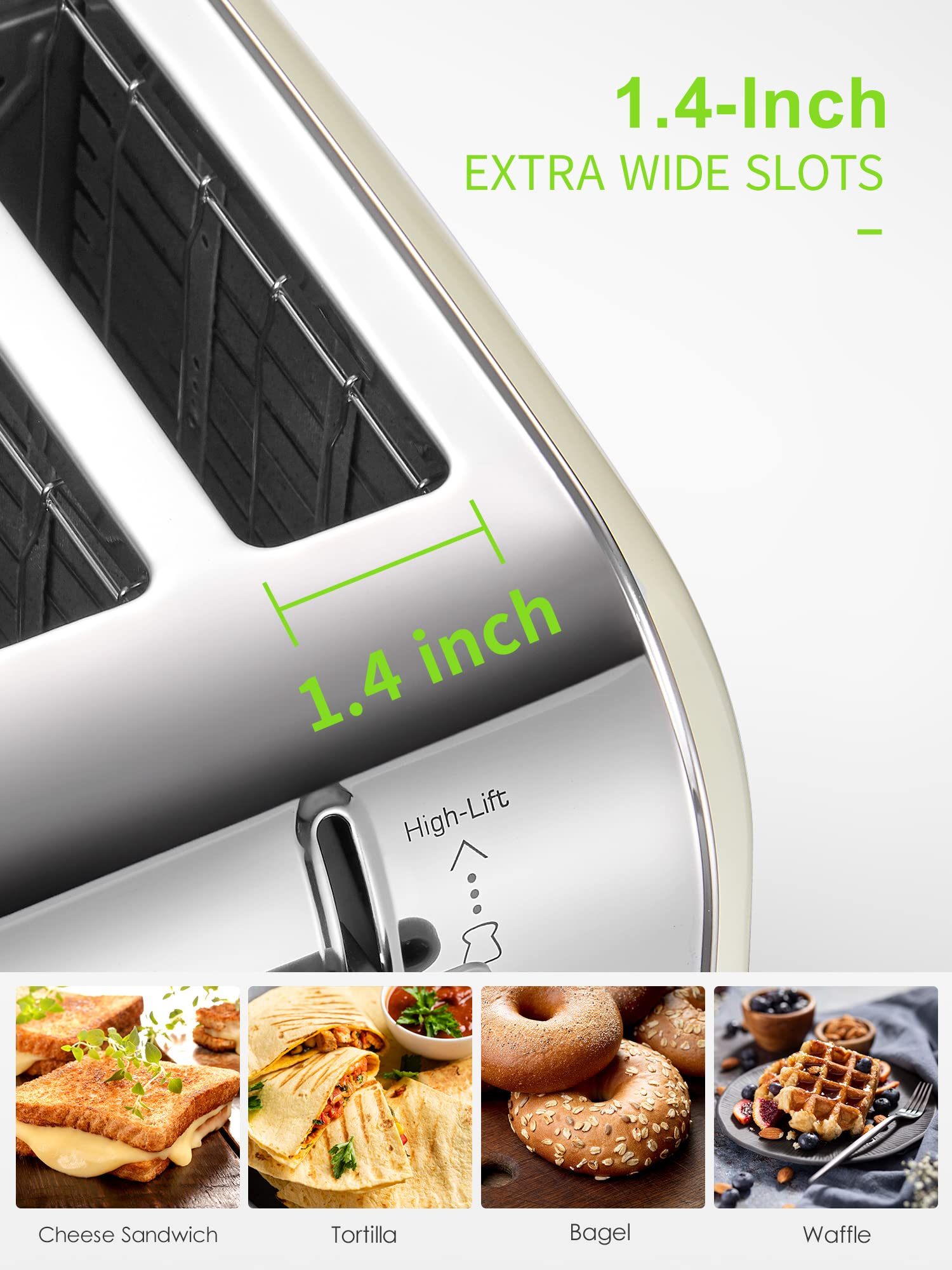 Toaster 4 Slice, Extra Wide Slots, Stainless Steel with High Lift Lever, Bagel and Muffin Function, Removal Crumb Tray, 7-Shade Settings with Warming Rack, Yellow, Yabano