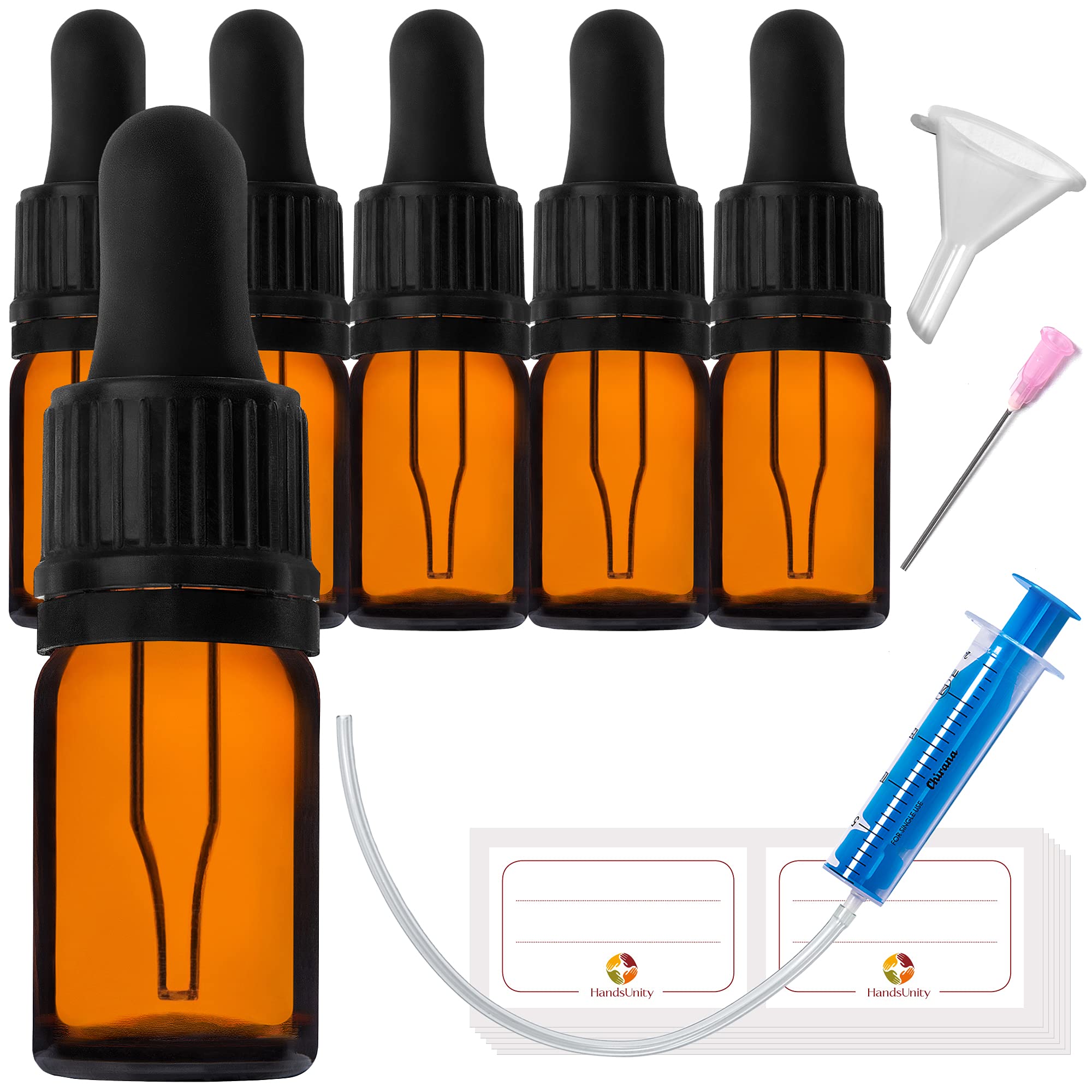 HandsUnity 6pcs 100ml Amber Glass Pipette Bottle Set - Black Cap with Integrated Pipette, Reusable, Perfect for Travel, Cooking, Baking, Arts and Crafts