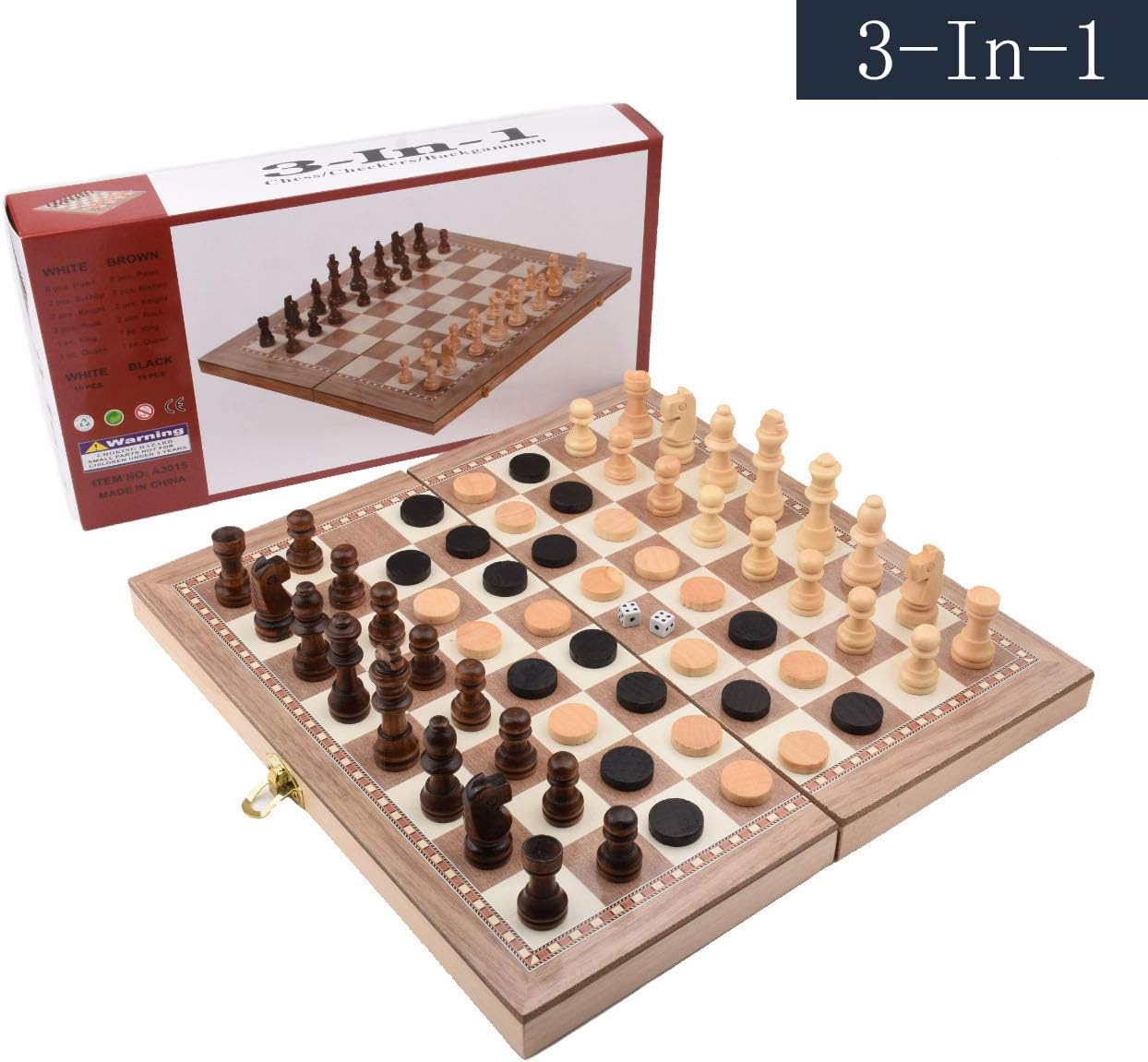 3-in-1 Wooden Folding Chess Board Game with Dice Travel Chess Set for Kids Teens Adults Standard Backgammon Checkers