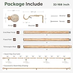 Zeerobee Wood Curtain Rods for Windows 32 to 168, 1