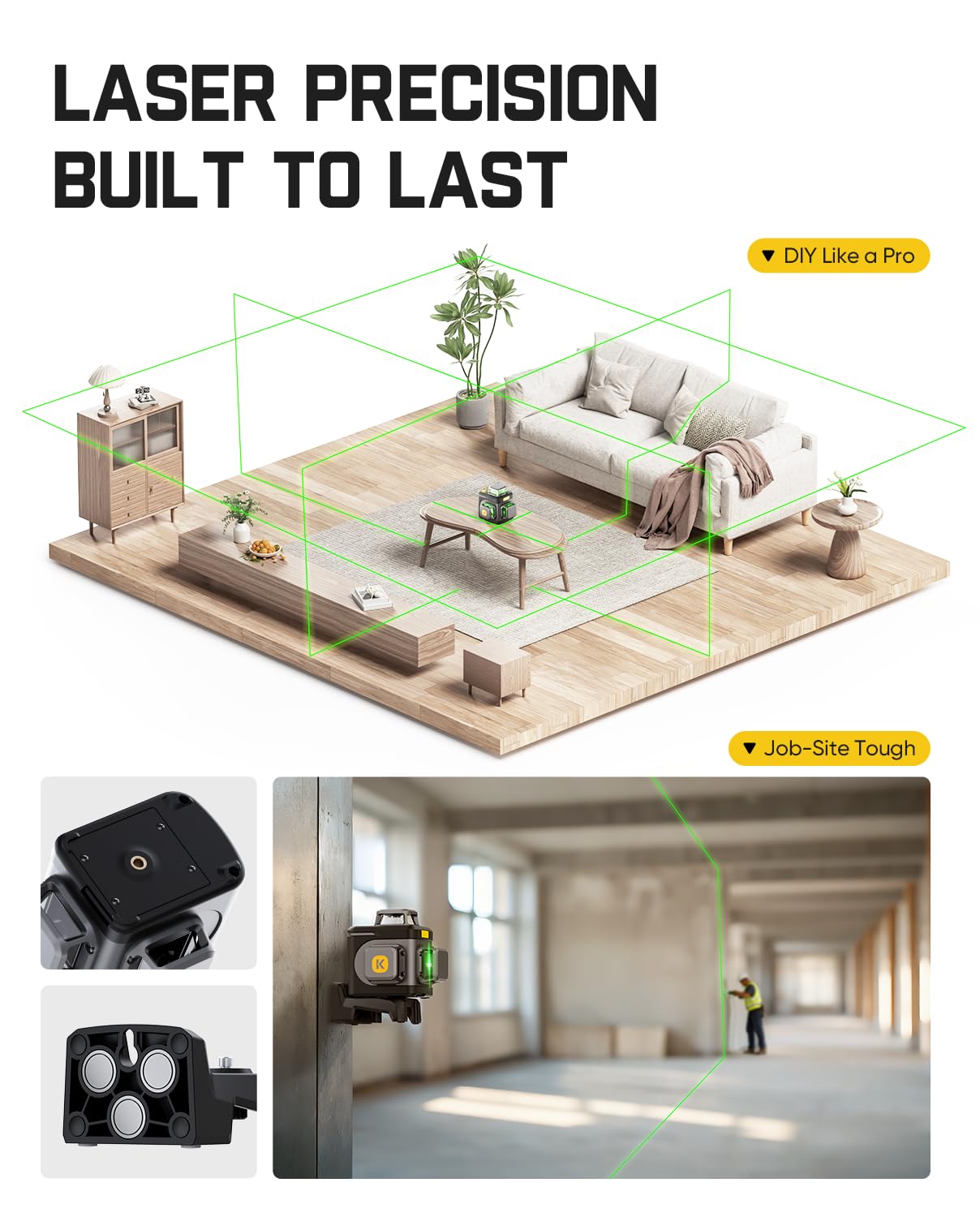 Fanttik D12 Ace Laser Level 360 Self Leveling, 3x360° Rechargeable 3D Green Cross Laser, Outdoor Pulse Mode, IP54 Durable, Easy to Use for Construction and Picture Hanging