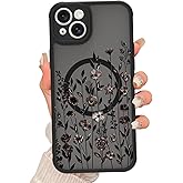 Fsoole Magnetic for iPhone 14 Case [Compatible with MagSafe] Cute Flower Floral Print Pattern Design, Slim Bumper Translucent Matte Protective Cover for Women Girls, Black