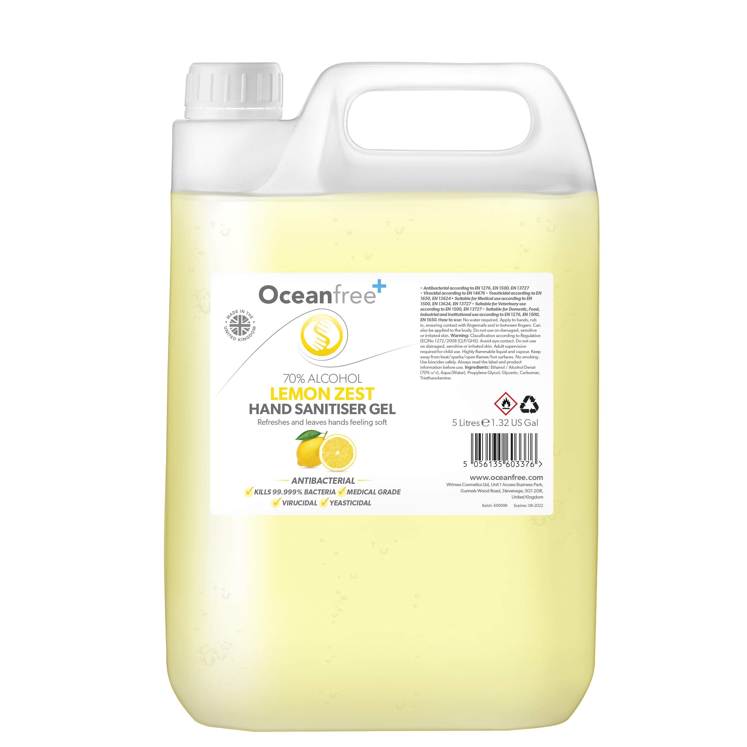Lemon Zest Hand Sanitiser Gel - 5L Litre - 70% Alcohol - Made in the UK (Single)