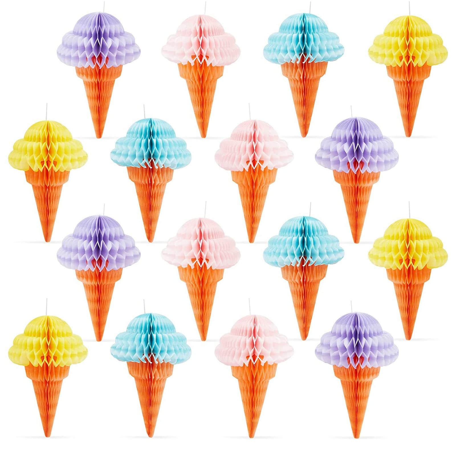 Photo 1 of 16 Pack Hanging Honeycomb Ice Cream Party Decorations for Birthday, Baby Shower, Celebration, 4 Colors (4 x 6 in)
