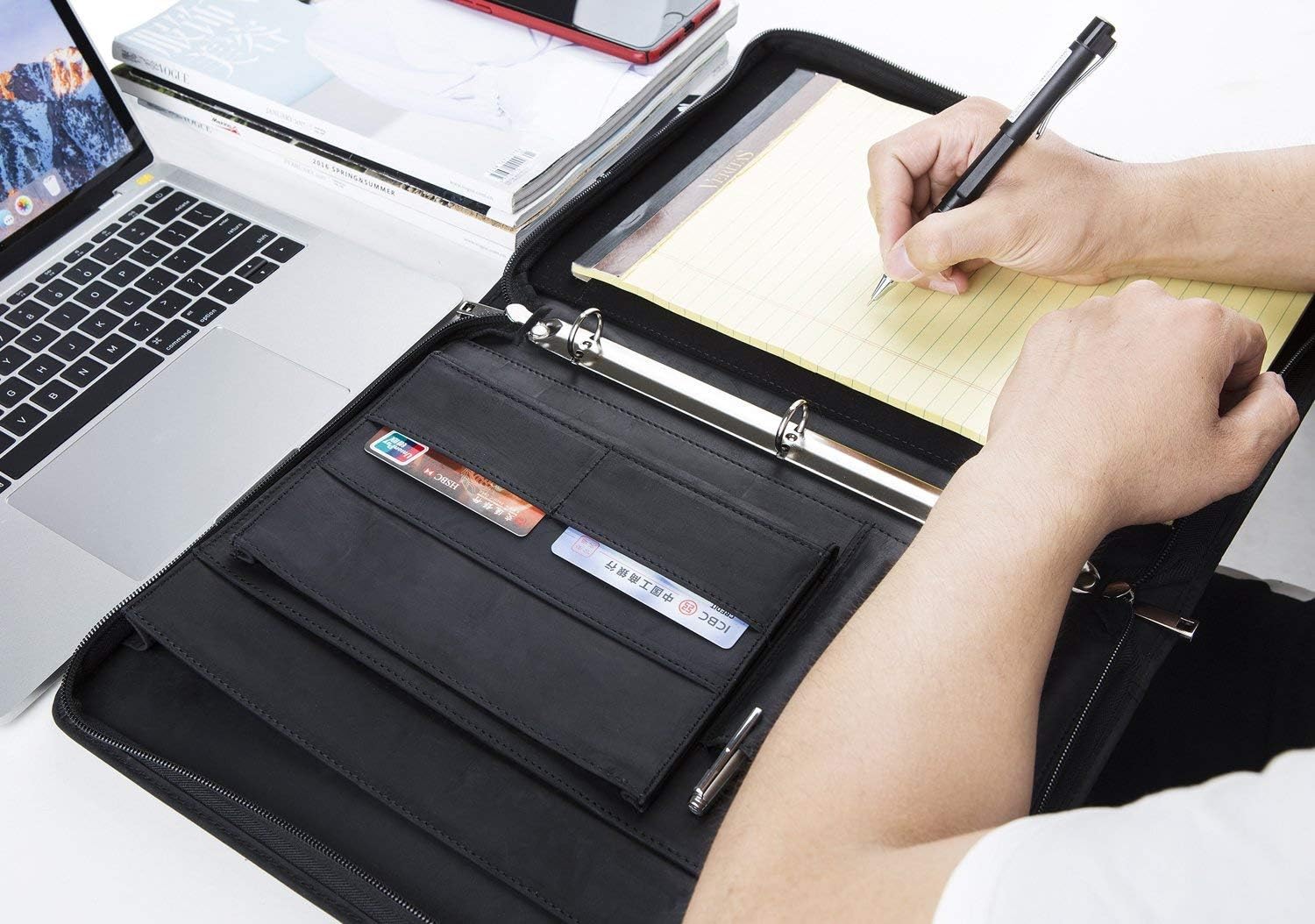 Professional Padfolio Portfolio 3 Ring Binder, Business Organizer Holder Multi-Function Folder Case with Zipper by Crazy-Horse Leather for iPad/Surface Book : Office Products