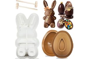 JJZXWISH 3Pcs Large Bunny Mold Easter Egg Silicone Mold for Chocolate, 3D Rabbit Bunny Easter Egg Shape Silicone Mold Easter Bunny Cake Pan Mold Bunny Breakable Chocolate Gummy Mold with 2 Wood Hammers