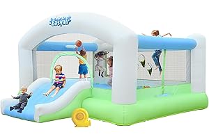 EASYAIR Large Bounce House for Big Kids, 14.8 x 14.5 FT Inflatable Bouncer Jumper Slide with 650W Blower, Basketball Hoop, Throw Ball Game, Ball Pits (White Large Bouncer)