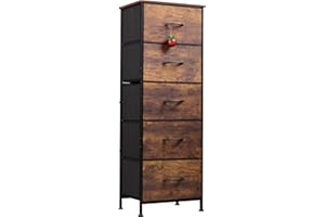 WLIVE Fabric Dresser for Bedroom, 5-Drawer Tall Dressers, Storage Organizer with Fabric Bins, Wood Top, Sturdy Steel Frame, Chest of Drawers for Closet, Hallway, Rustic Brown Wood Grain Print