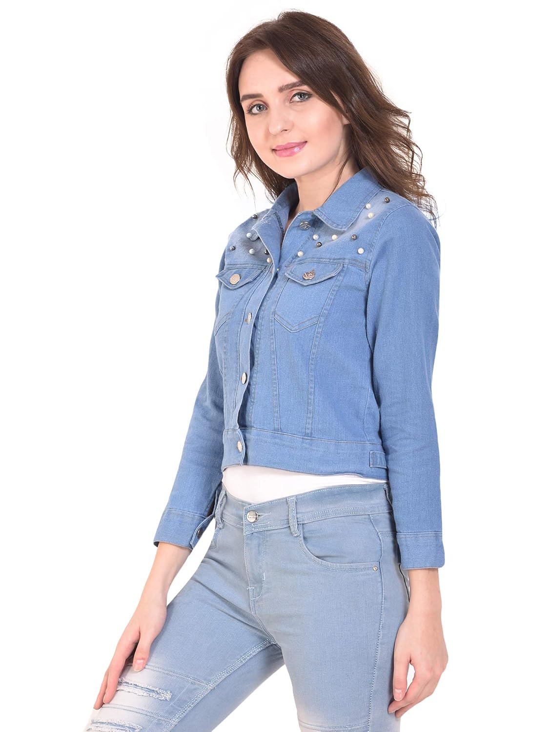 dimpy garments women's stone wash denim jacket crafted with pearls (light blue, large)