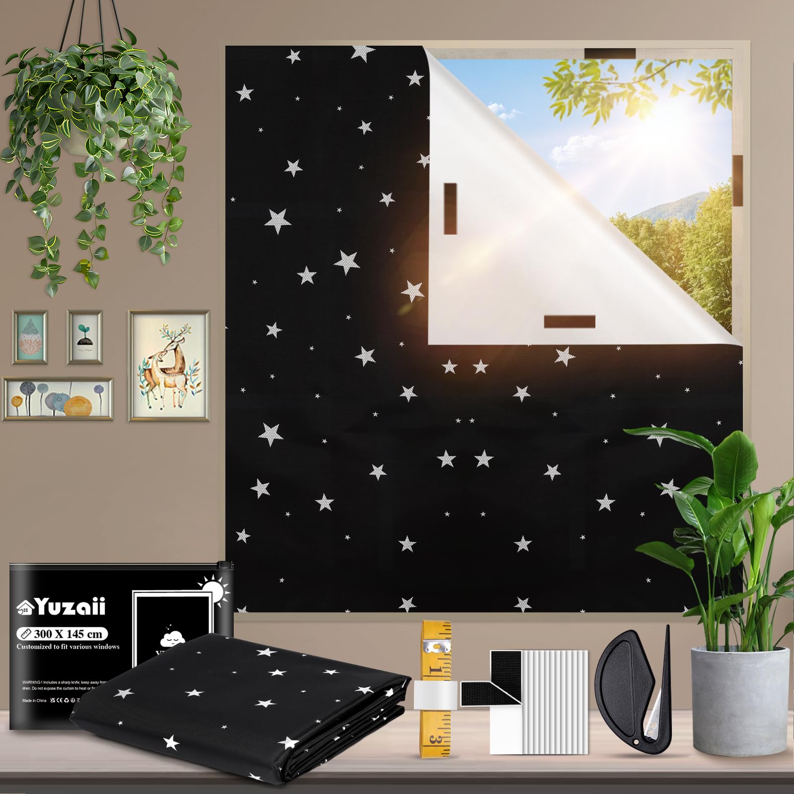 YUZAII Blackout Blind 300x145cm Stick On Black Out Blinds for Windows, No Drill Temporary with 20 Hook & Loop Tapes for Bedroom, Travel (star)