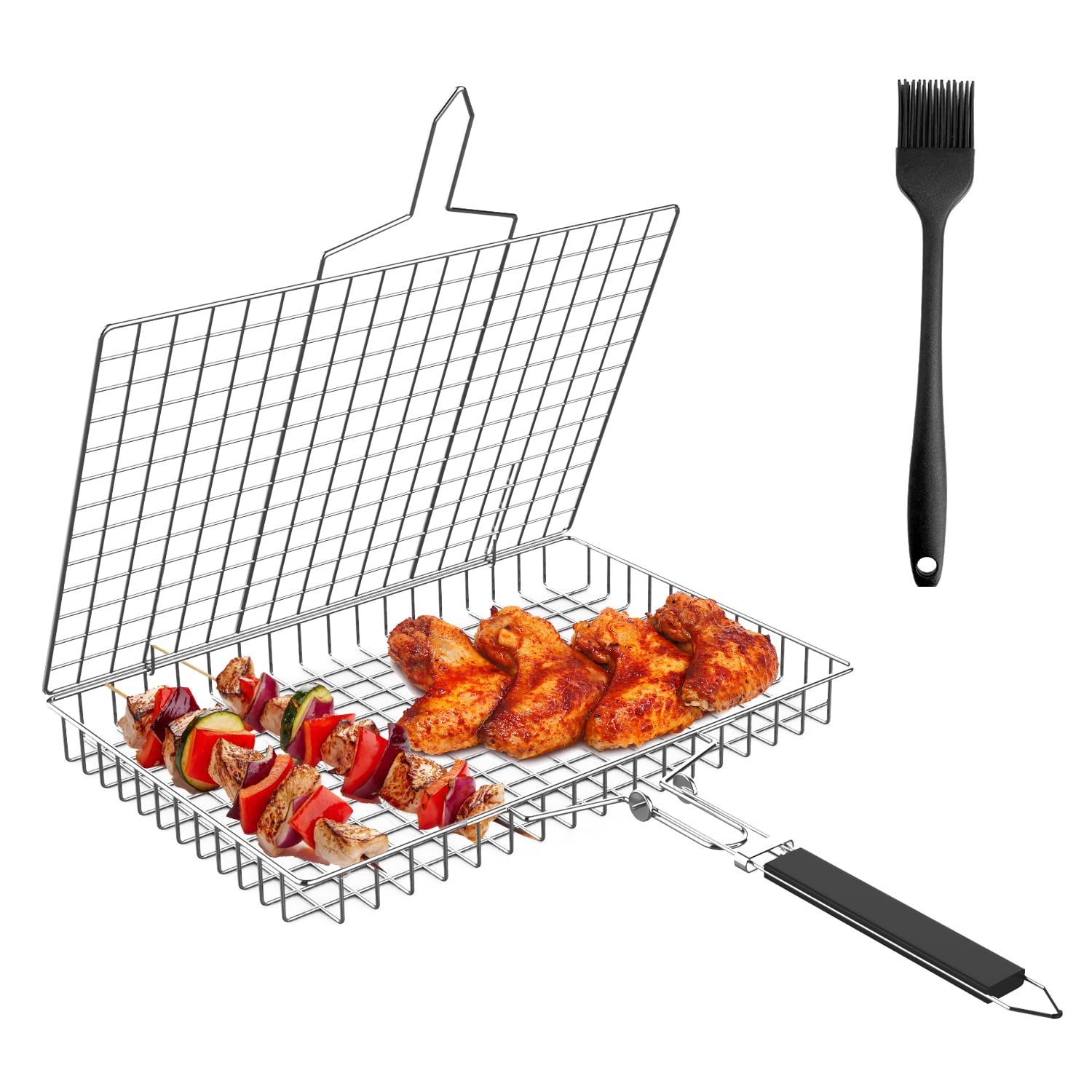 Newthinking BBQ Grill Basket for Vegetable and Fish, Portable Stainless Steel Folding Barbecue Grill Basket Net with Removable Handle for Roast Fish Vegetables BBQ Party