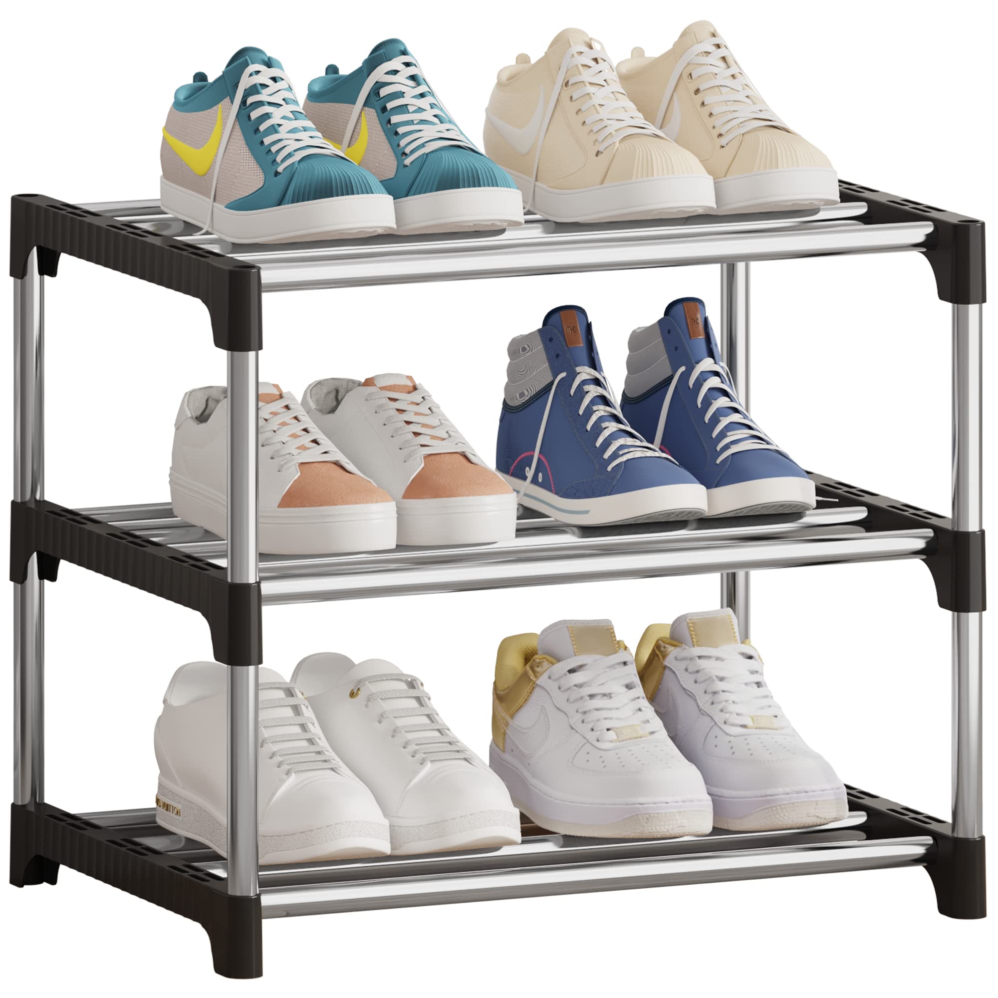 NIAWECAN Small Shoe Rack, Stackable Shoe Rack 3 Tier, Footware Storage, Lightweight Shoe Racks Storage Organizer, Sturdy Narrow Shoe Shelf for Closet Entryway Hallway
