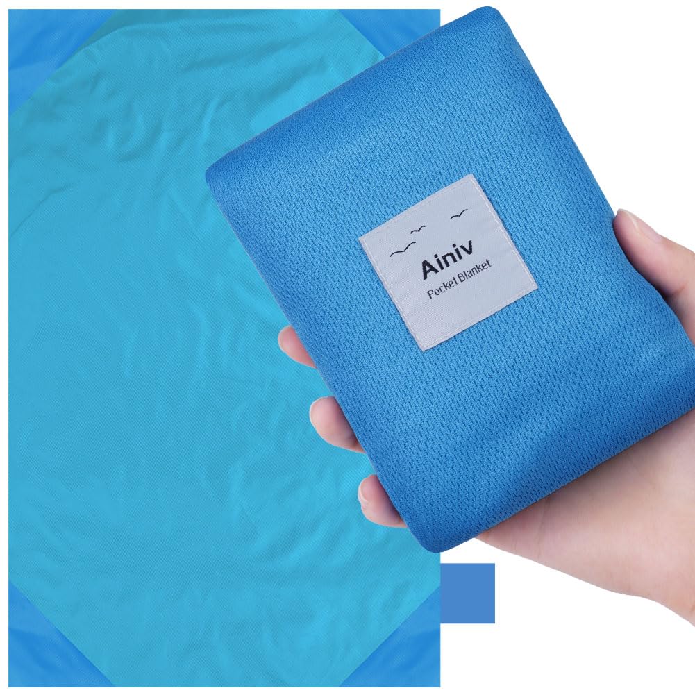 Ainiv Picnic Blanket, Mini Pocket Beach Mat 200 x 210 cm (5-8 People) Foldable, Lightweight Waterproof Sand Free, Foldable Thin Ground Sheet for Outdoor Camping Hiking Travel - Blue