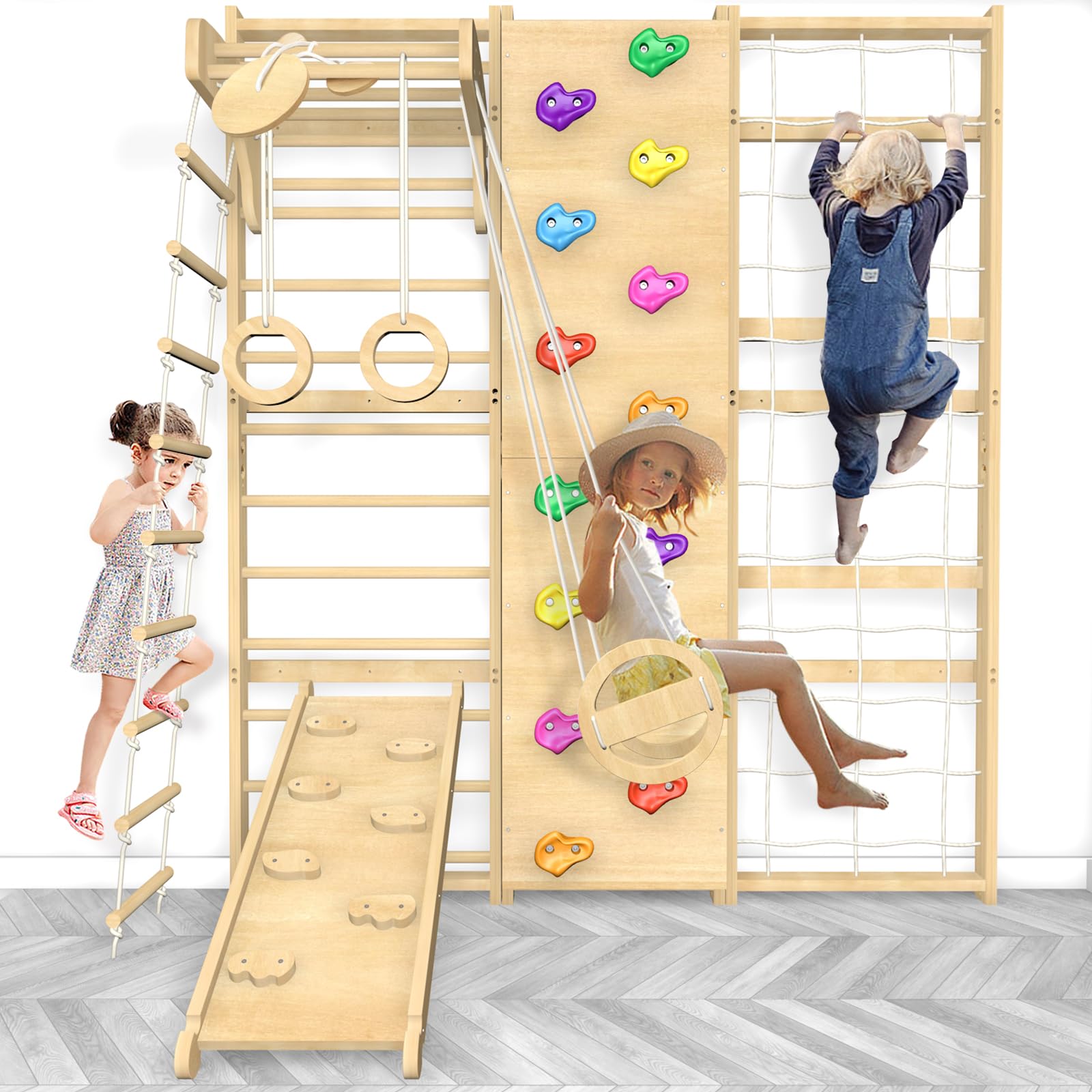 Photo 1 of 10-in-1 Swedish Ladder Gym Set, Home Playground with Swing, Rope Ladder, Pull-Up Bar, Slide and Rock Climbing Wall for Kids and Adults - 94.5inch Height